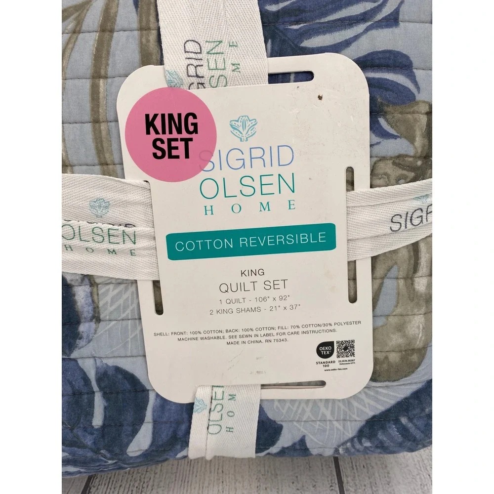 Sigrid Olsen Home Quilt Set King Blue Tropical Leaf Reversible Cotton Botanical - Picture 7 of 11